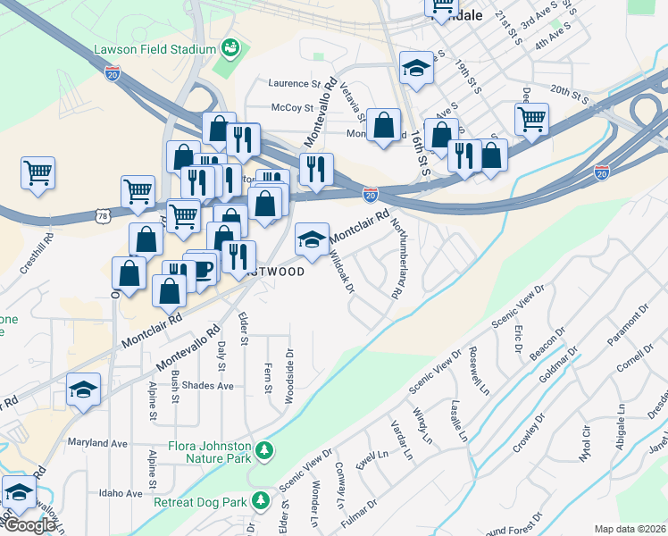 map of restaurants, bars, coffee shops, grocery stores, and more near 1797 Briar Meadow Road in Irondale