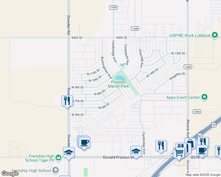 map of restaurants, bars, coffee shops, grocery stores, and more near 711 North 8th Street in Wolfforth