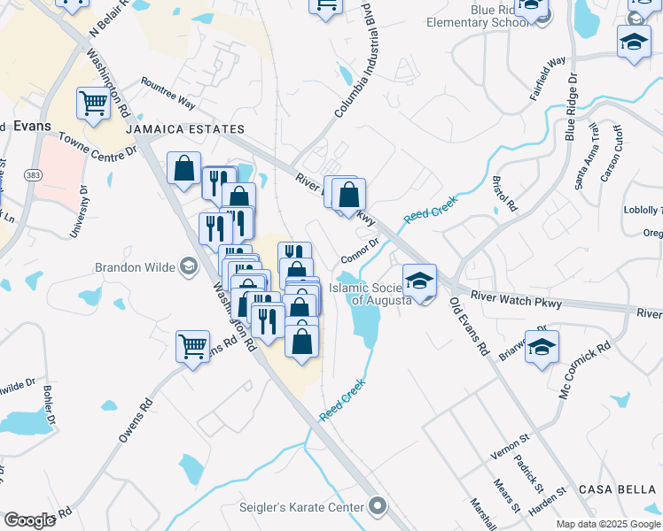 map of restaurants, bars, coffee shops, grocery stores, and more near 394 Connor Circle in Evans