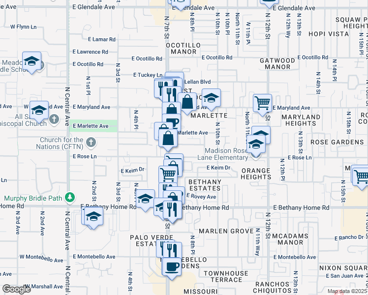 map of restaurants, bars, coffee shops, grocery stores, and more near 725 East Claremont Street in Phoenix