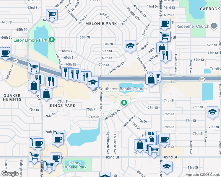 map of restaurants, bars, coffee shops, grocery stores, and more near 7209 Louisville Ave in Lubbock