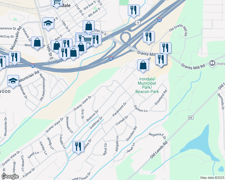 map of restaurants, bars, coffee shops, grocery stores, and more near 511 Roselle Lane in Irondale