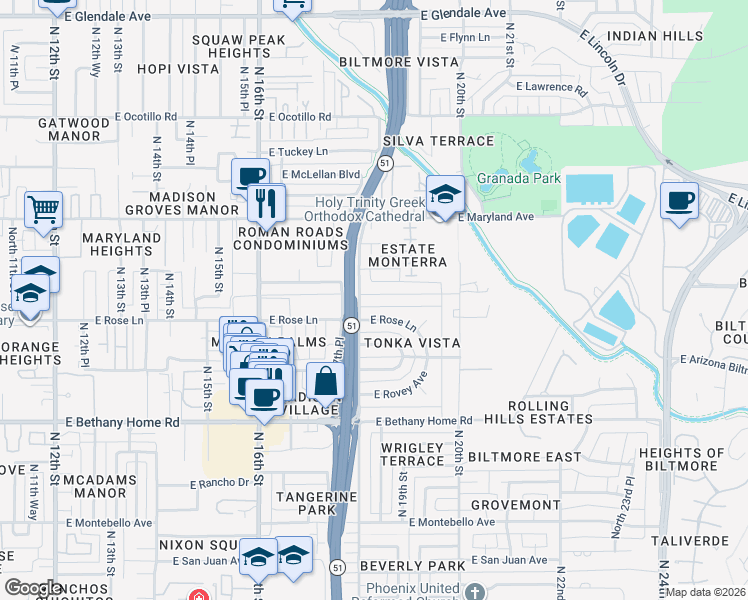 map of restaurants, bars, coffee shops, grocery stores, and more near 1811 East Claremont Street in Phoenix