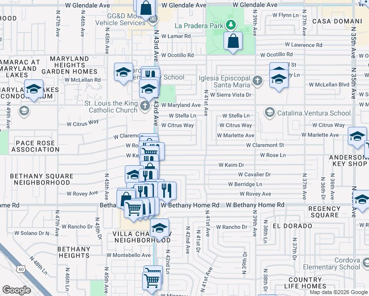 map of restaurants, bars, coffee shops, grocery stores, and more near 4143 West Claremont Street in Phoenix