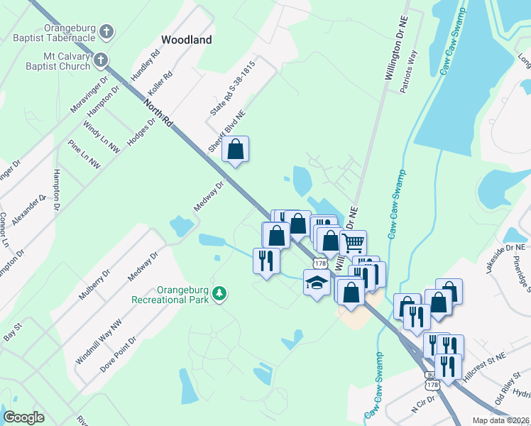 map of restaurants, bars, coffee shops, grocery stores, and more near 2926 North Road in Orangeburg