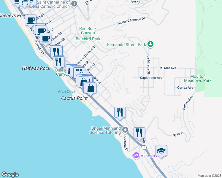 map of restaurants, bars, coffee shops, grocery stores, and more near 2145 Ruby Place in Laguna Beach