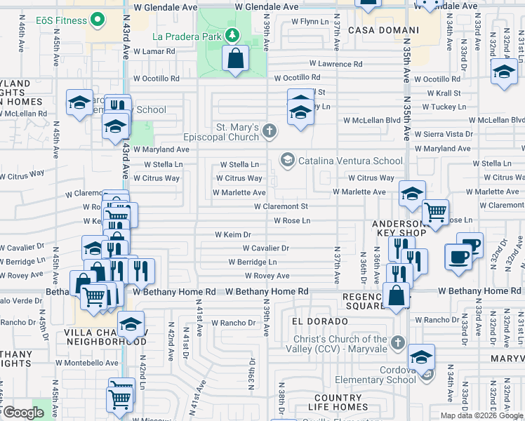 map of restaurants, bars, coffee shops, grocery stores, and more near 3901 West Claremont Street in Phoenix