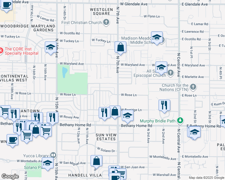 map of restaurants, bars, coffee shops, grocery stores, and more near 712 West Rose Lane in Phoenix