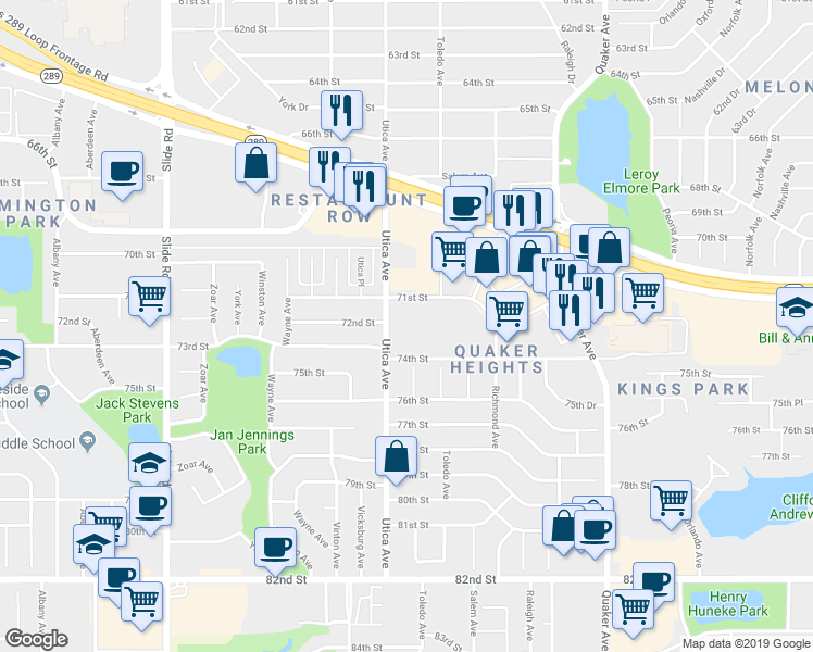 map of restaurants, bars, coffee shops, grocery stores, and more near 4625 71st Street in Lubbock