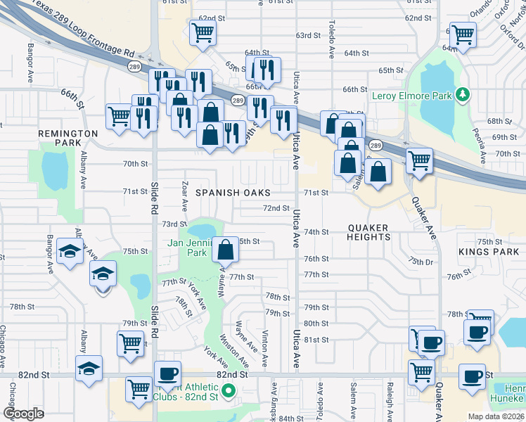 map of restaurants, bars, coffee shops, grocery stores, and more near 4819 72nd Street in Lubbock