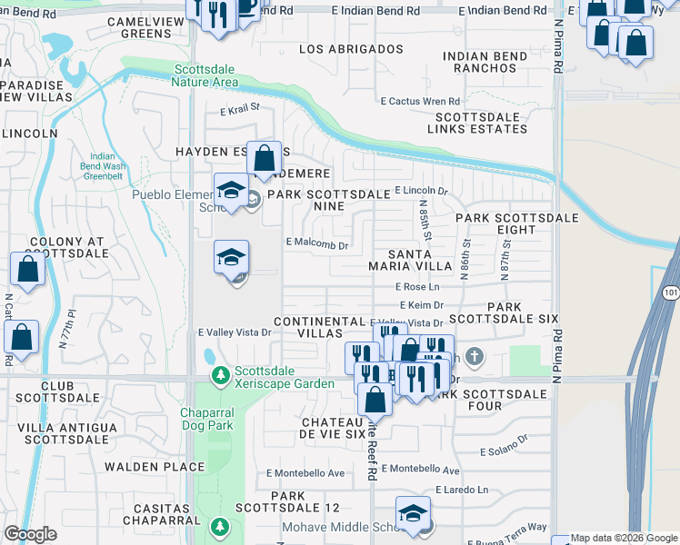 map of restaurants, bars, coffee shops, grocery stores, and more near 8313 East Edward Avenue in Scottsdale