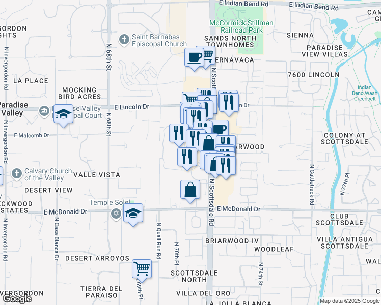 map of restaurants, bars, coffee shops, grocery stores, and more near 6166 North Scottsdale Road in Scottsdale