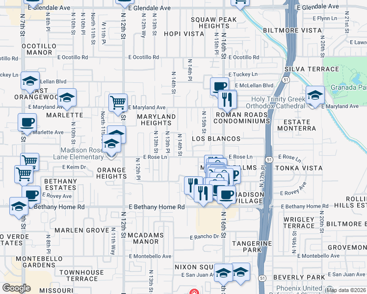 map of restaurants, bars, coffee shops, grocery stores, and more near 6214 North 14th Street in Phoenix