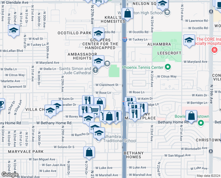 map of restaurants, bars, coffee shops, grocery stores, and more near 104 West Rose Lane in Phoenix
