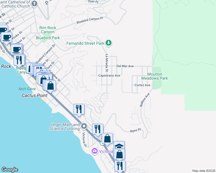 map of restaurants, bars, coffee shops, grocery stores, and more near 855 Miramar Street in Laguna Beach