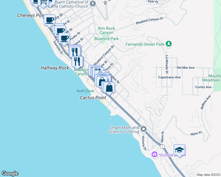 map of restaurants, bars, coffee shops, grocery stores, and more near 260 Diamond Street in Laguna Beach