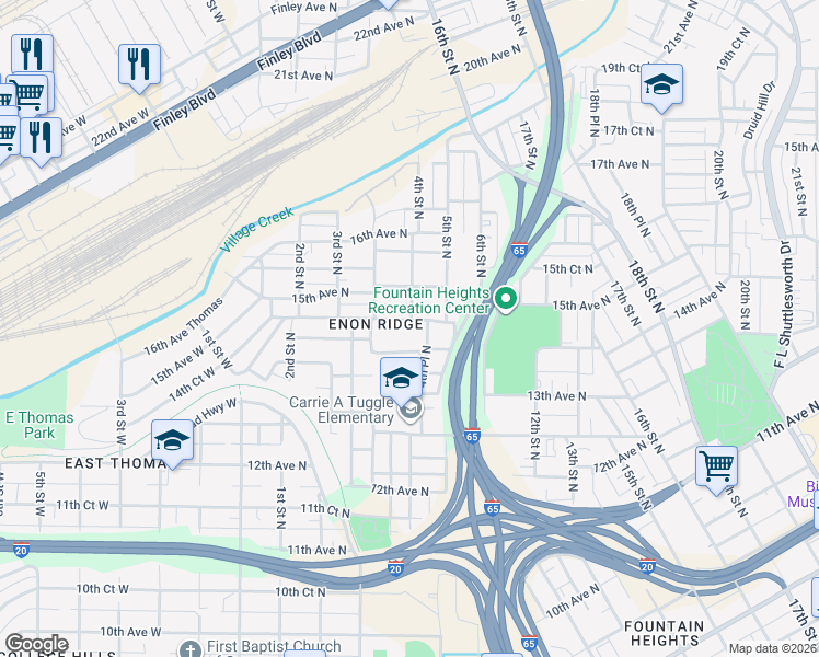 map of restaurants, bars, coffee shops, grocery stores, and more near 1414 4th Place North in Birmingham