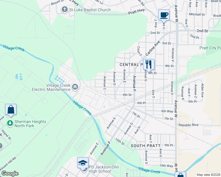 map of restaurants, bars, coffee shops, grocery stores, and more near 305 5th Place Pratt in Birmingham