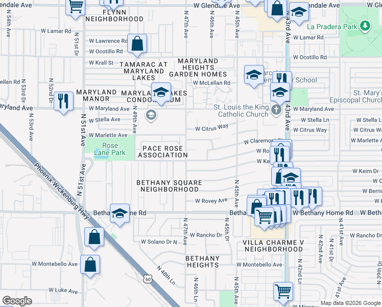 map of restaurants, bars, coffee shops, grocery stores, and more near 4631 West Claremont Street in Glendale