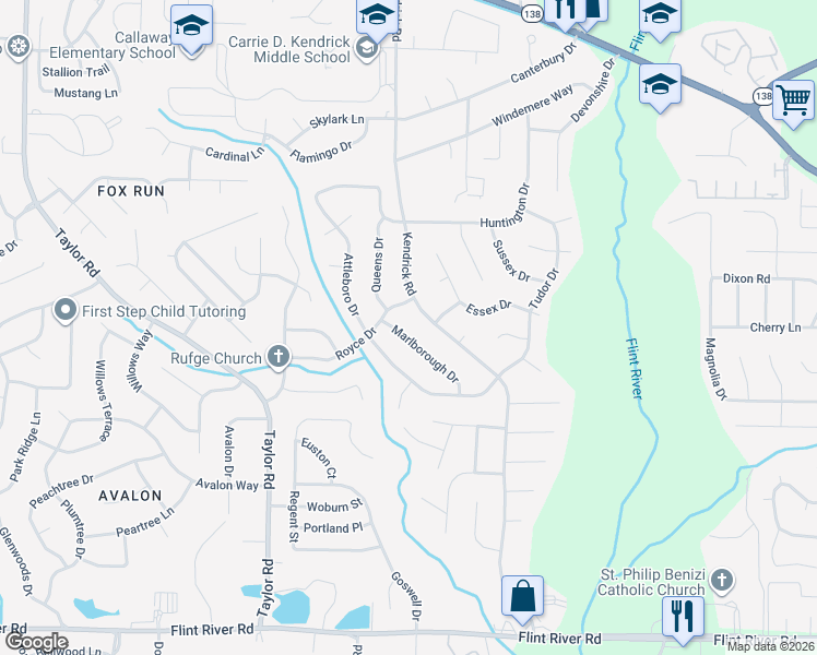map of restaurants, bars, coffee shops, grocery stores, and more near 8300 Marlborough Dr in Jonesboro