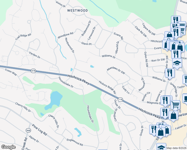 map of restaurants, bars, coffee shops, grocery stores, and more near 856 Hickory Ridge Road in Aiken