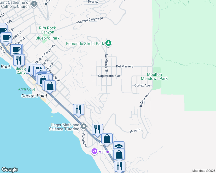 map of restaurants, bars, coffee shops, grocery stores, and more near 855 Miramar Street in Laguna Beach