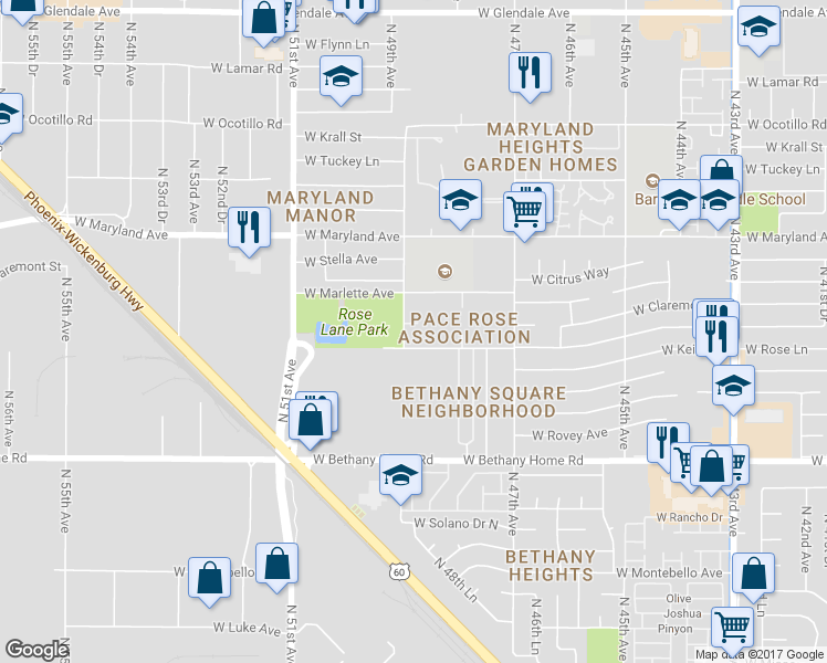 map of restaurants, bars, coffee shops, grocery stores, and more near 4880 West Rose Lane in Glendale