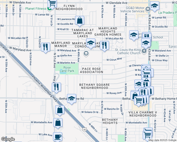 map of restaurants, bars, coffee shops, grocery stores, and more near 4824 West Rose Lane in Glendale