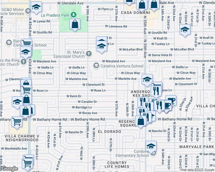 map of restaurants, bars, coffee shops, grocery stores, and more near 3729 West Claremont Street in Phoenix