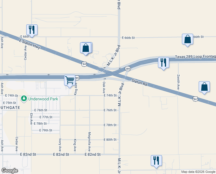 map of restaurants, bars, coffee shops, grocery stores, and more near 1501-1699 East 74th Street in Lubbock