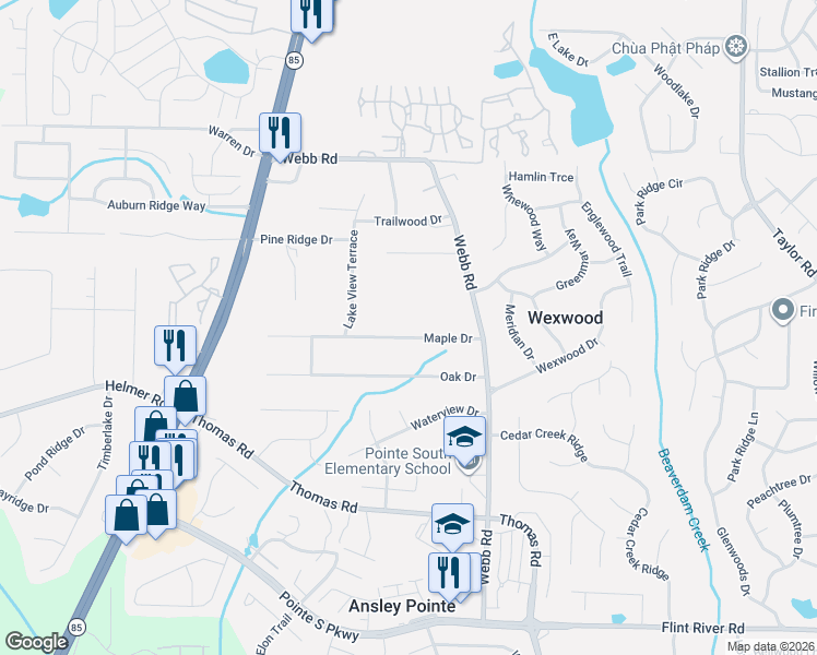 map of restaurants, bars, coffee shops, grocery stores, and more near 715 Maple Drive in Riverdale