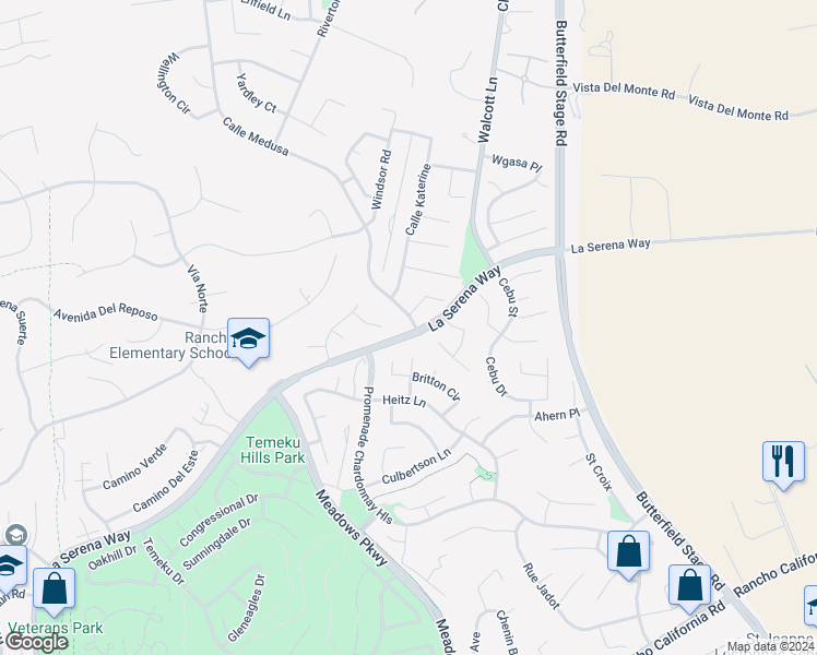 map of restaurants, bars, coffee shops, grocery stores, and more near 40847 Calle Medusa in Temecula