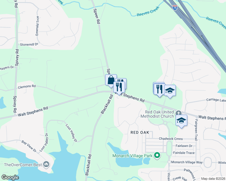 map of restaurants, bars, coffee shops, grocery stores, and more near 3590 Walt Stephens Road in Stockbridge