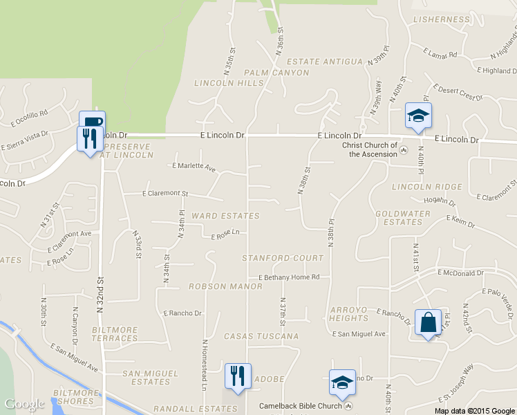 map of restaurants, bars, coffee shops, grocery stores, and more near 6111 North Palo Cristi Road in Paradise Valley