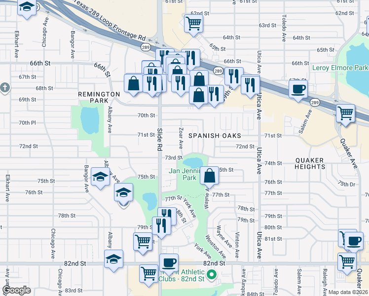 map of restaurants, bars, coffee shops, grocery stores, and more near 7203 Zoar Avenue in Lubbock