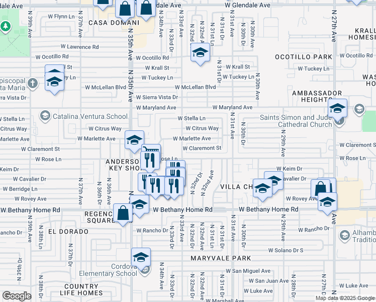 map of restaurants, bars, coffee shops, grocery stores, and more near 3243 West Claremont Street in Phoenix