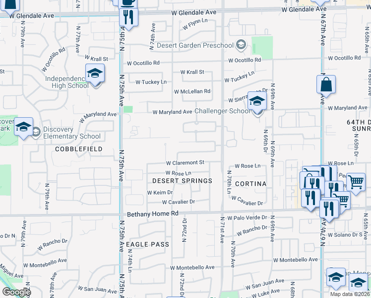 map of restaurants, bars, coffee shops, grocery stores, and more near 7218 West Marlette Avenue in Glendale