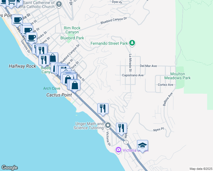 map of restaurants, bars, coffee shops, grocery stores, and more near 2260 Crestview Drive in Laguna Beach