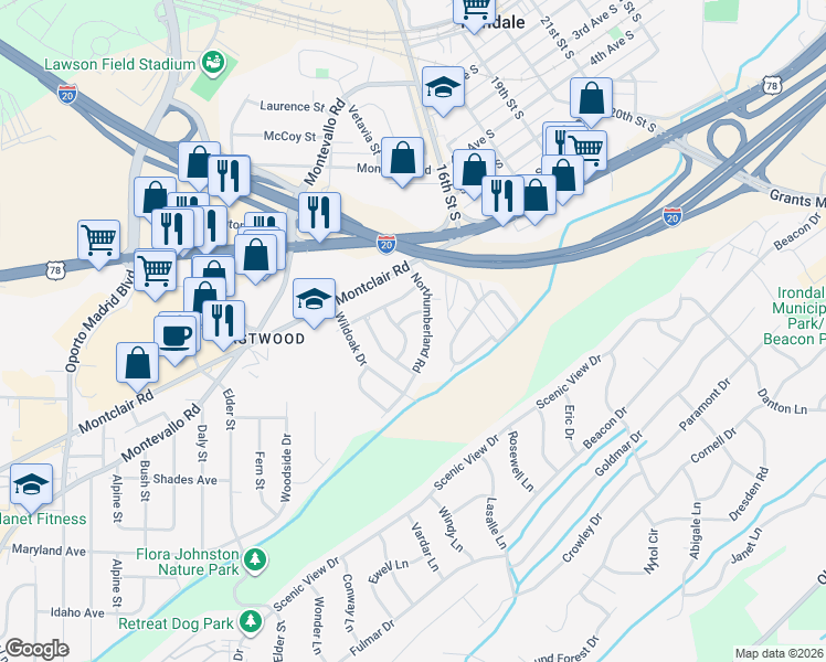 map of restaurants, bars, coffee shops, grocery stores, and more near 129 Deer Park Drive in Irondale
