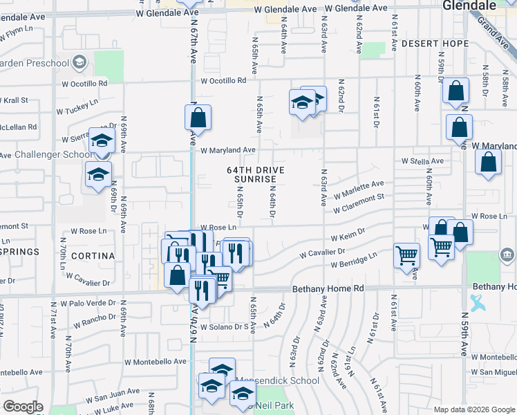 map of restaurants, bars, coffee shops, grocery stores, and more near 6302 North 64th Drive in Glendale