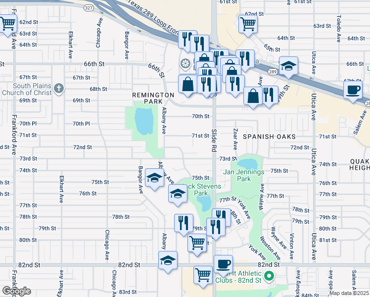 map of restaurants, bars, coffee shops, grocery stores, and more near 7203 Aberdeen Avenue in Lubbock