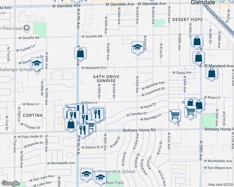 map of restaurants, bars, coffee shops, grocery stores, and more near 6301 North 64th Drive in Glendale