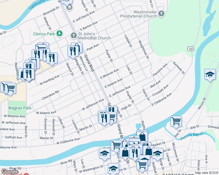 map of restaurants, bars, coffee shops, grocery stores, and more near 112 East Adams Avenue in Greenwood
