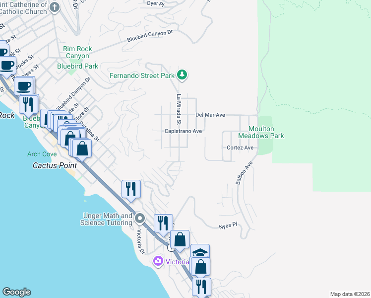 map of restaurants, bars, coffee shops, grocery stores, and more near in Laguna Beach