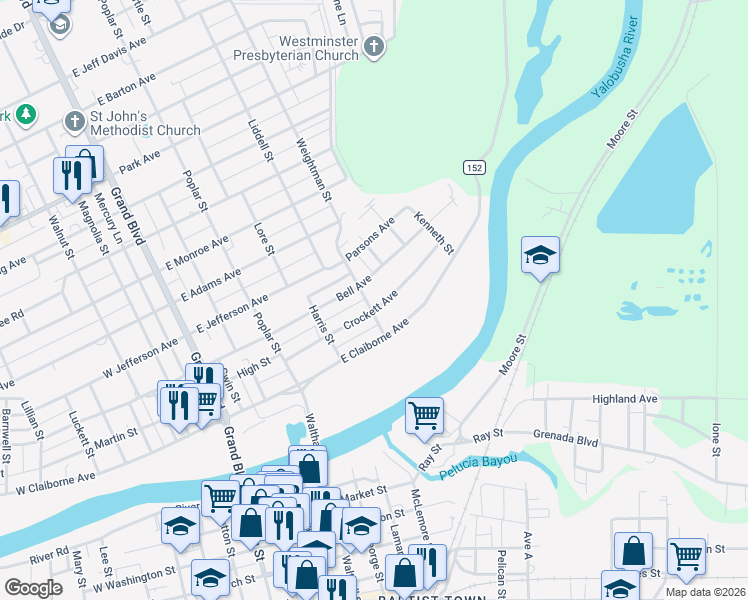 map of restaurants, bars, coffee shops, grocery stores, and more near 601 Crockett Avenue in Greenwood
