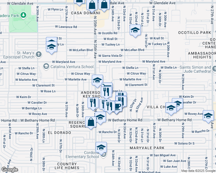 map of restaurants, bars, coffee shops, grocery stores, and more near 3427 West Claremont Street in Phoenix