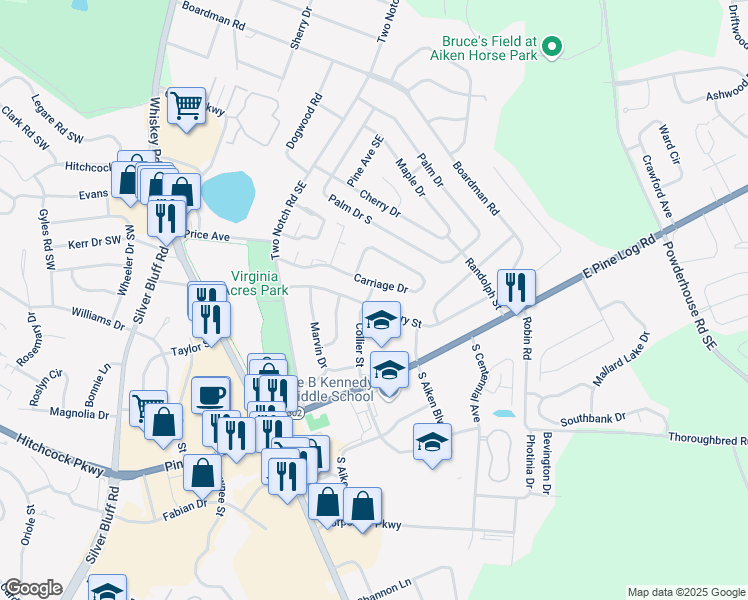 map of restaurants, bars, coffee shops, grocery stores, and more near 699 Henry Street in Aiken