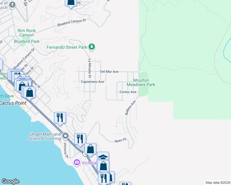 map of restaurants, bars, coffee shops, grocery stores, and more near 895 Quivera Street in Laguna Beach