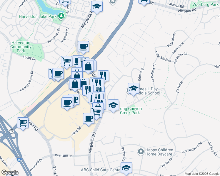 map of restaurants, bars, coffee shops, grocery stores, and more near 40453 Chantemar Way in Temecula