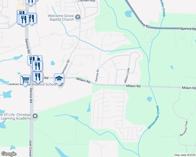 map of restaurants, bars, coffee shops, grocery stores, and more near 505 Bradley Court in Fairburn
